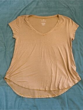 American Eagle Outfitters Mustard Yellow & White Striped V-Neck Tee